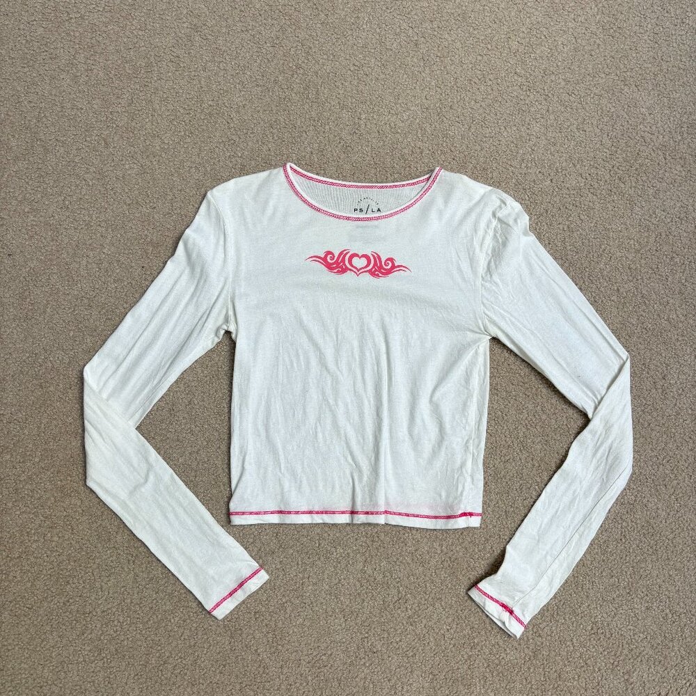 Size small, PacSun LA long sleeve white shirt with pink piping and detailing